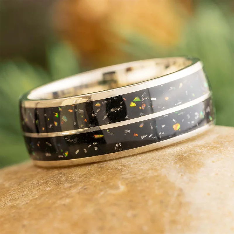 Men's Black Opal Stardust™ Meteorite Ring in White Gold