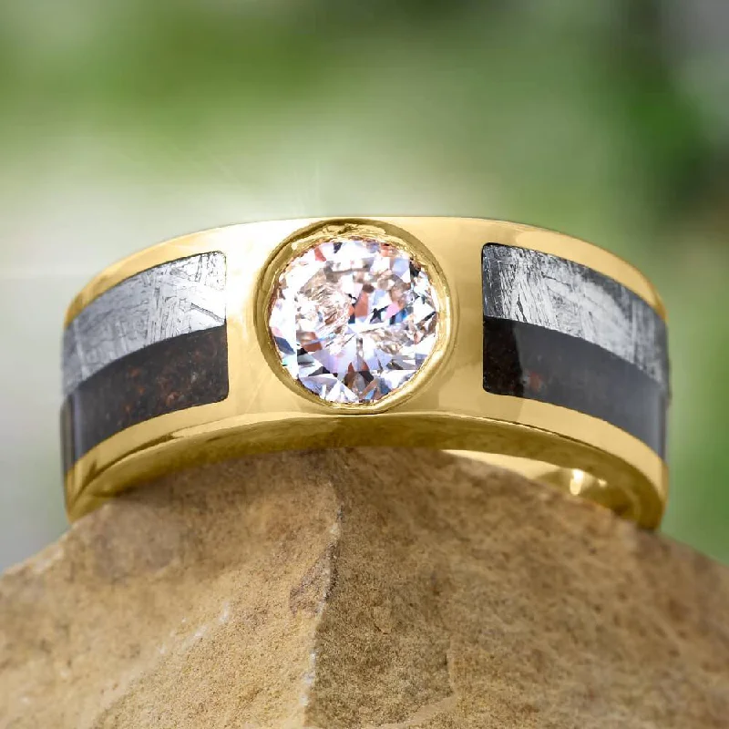 Lab Grown Diamond Men's Wedding Band With Meteorite & Dino Bone