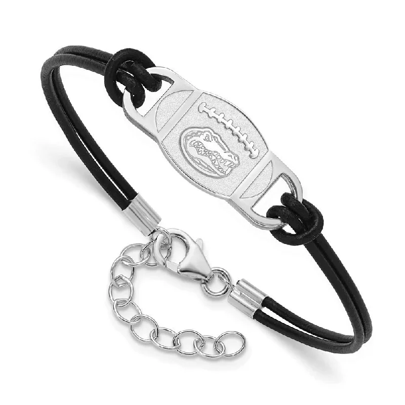 Sterling Silver Rhodium Plated U of Florida Leather Bracelet, 7 Inch