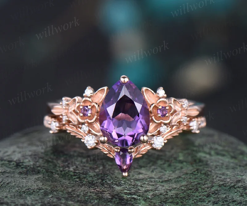 Vintage pear purple amethyst engagement ring rose gold twig leaf floral antique unique cluster diamond bridal wedding ring set women gift