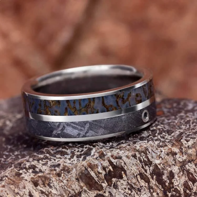 Men's Platinum Wedding Ring With Meteorite, Dinosaur Bone and Aquamarine