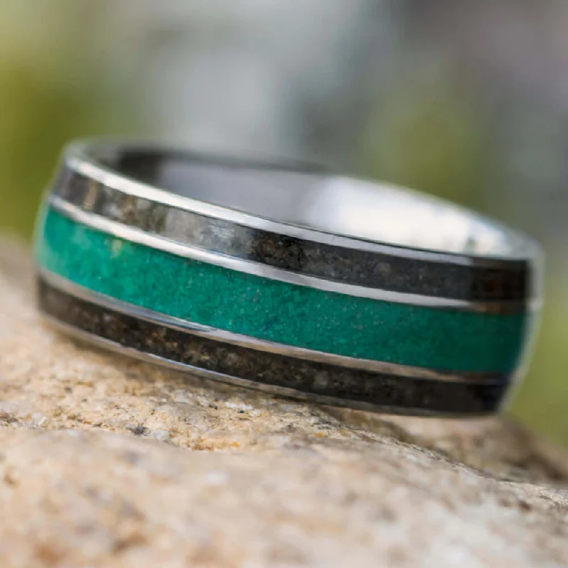 Men's Tungsten Wedding Band With Malachite & Dinosaur Bone