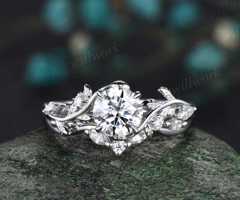 Round cut 1ct moissanite ring vintage white gold diamond branch leaf unique engagement ring set women wedding promise ring her