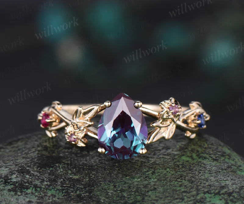 Pear alexandrite ring yellow gold amethyst ruby sapphire infinity leaf floral engagement ring antique wedding ring