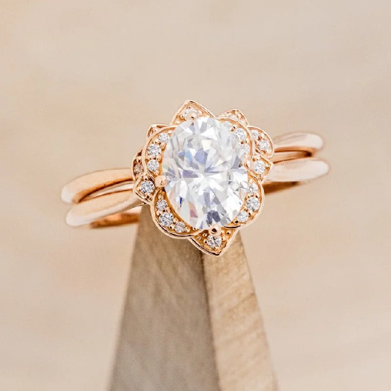 "JANE" - OVAL CUT MOISSANITE ENGAGEMENT RING WITH DIAMOND ACCENTS & TRACER