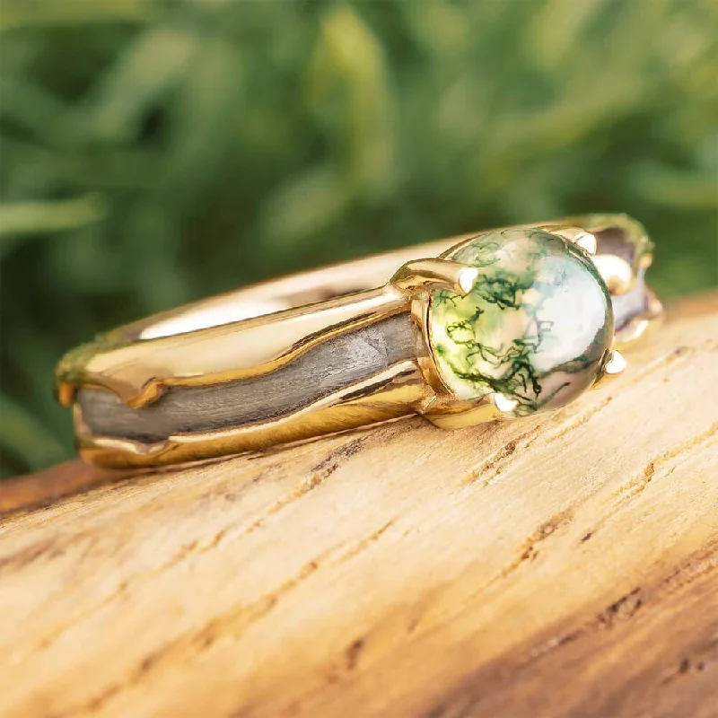 Moss Agate Engagement Ring with Meteorite in Solid Gold