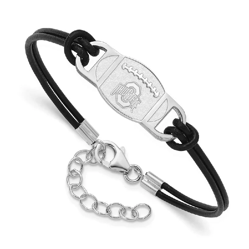 Sterling Silver Rhodium Plated Ohio State Leather Bracelet, 7 Inch