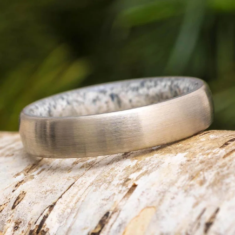 Brushed White Gold Wedding Band With Antler Sleeve