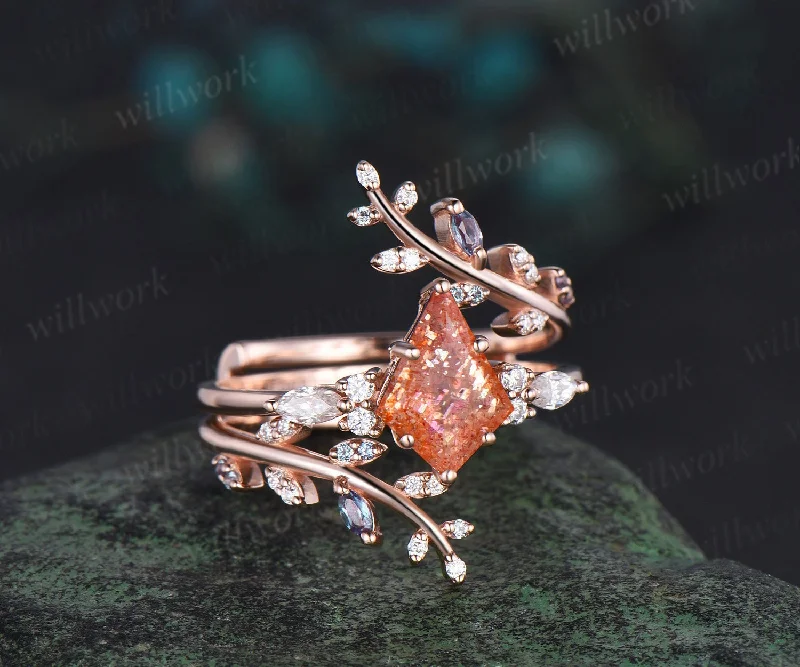 Kite cut sunstone engagement ring rose gold leaf alexandrite diamond wedding band enhancer unique anniversary bridal ring set women