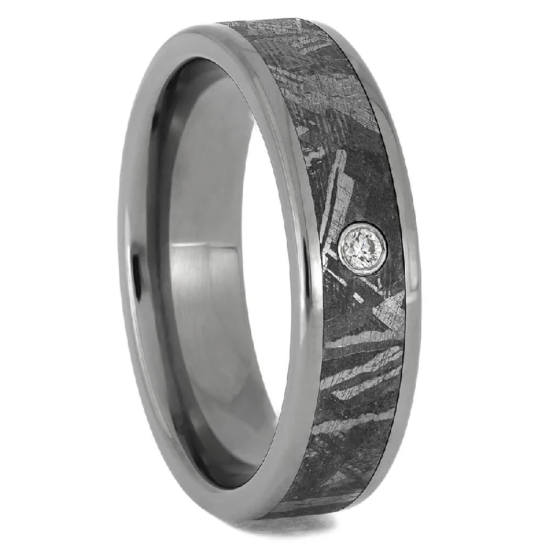 Meteorite Wedding Band with Bezel Set Diamond