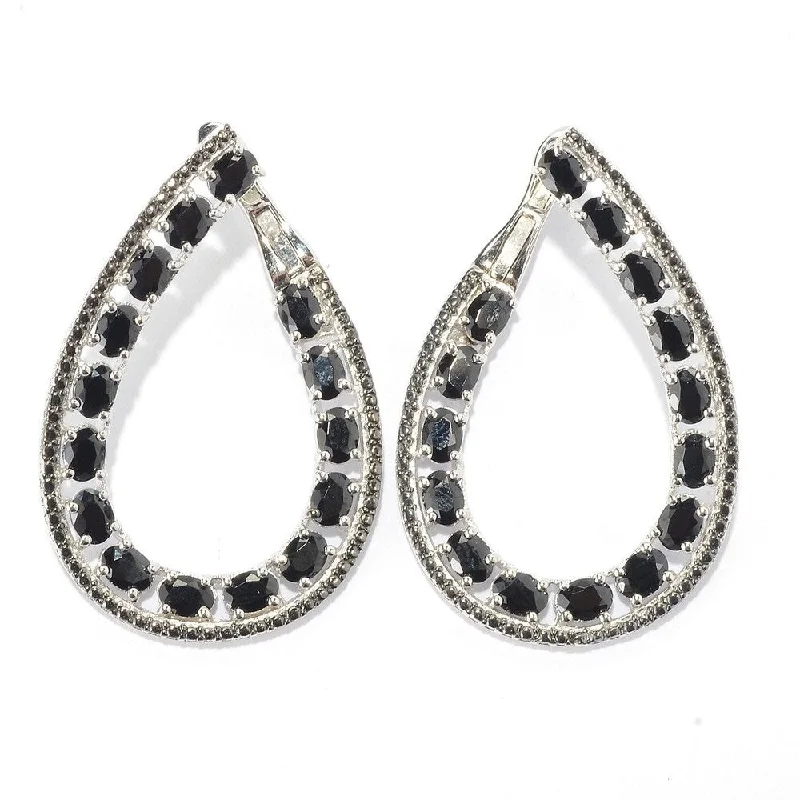 Ster Silver 5.3ctw Black Spinel Oval Curved Hoop Earrings 1.25"L