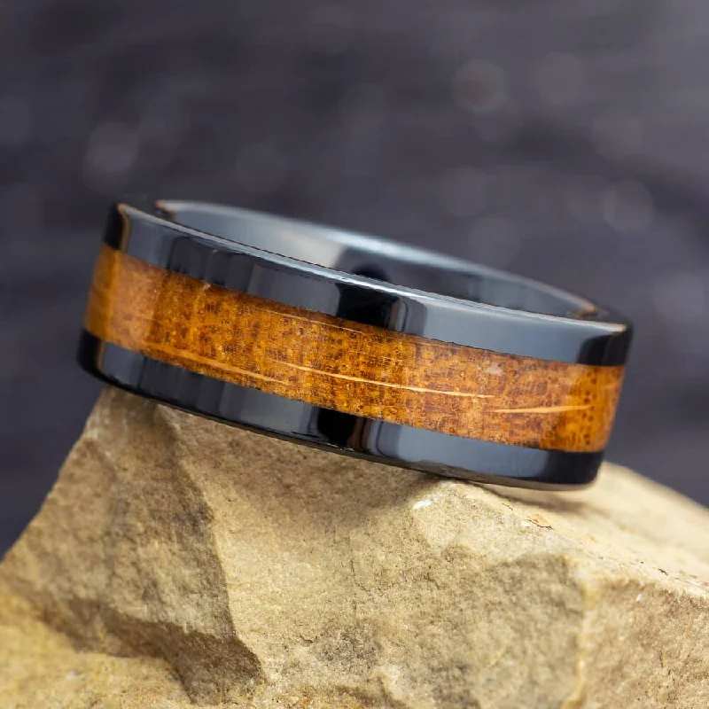 Whiskey Barrel Oak Wood Men's Wedding Band, Black Ceramic