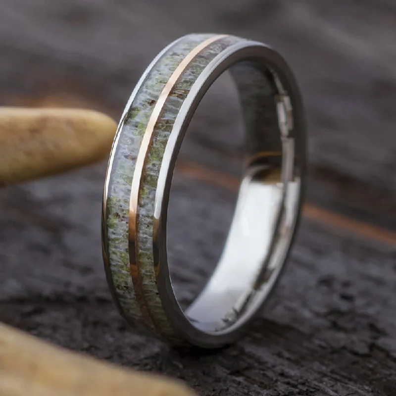 Antler Wedding Band with Rose Gold Pinstripe in Titanium