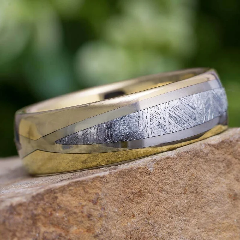 Unique Meteorite Men's Wedding Band, Two-Tone Gold Ring