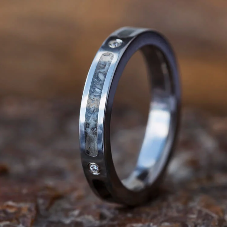 Diamond Women's Wedding Band With Deer Antler And Dinosaur Bone