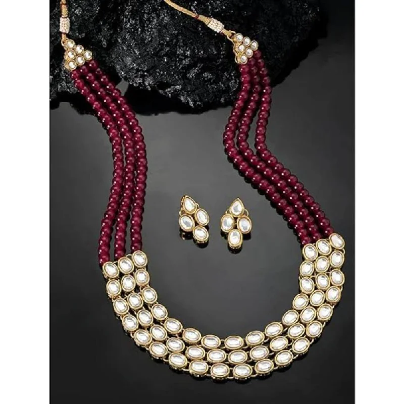 Etnico Gold Plated Traditional Stunning White Kundan Studded Layered Pearl Necklace Jewellery Set with Earrings For Women/Girls (IJ376) (Maroon)