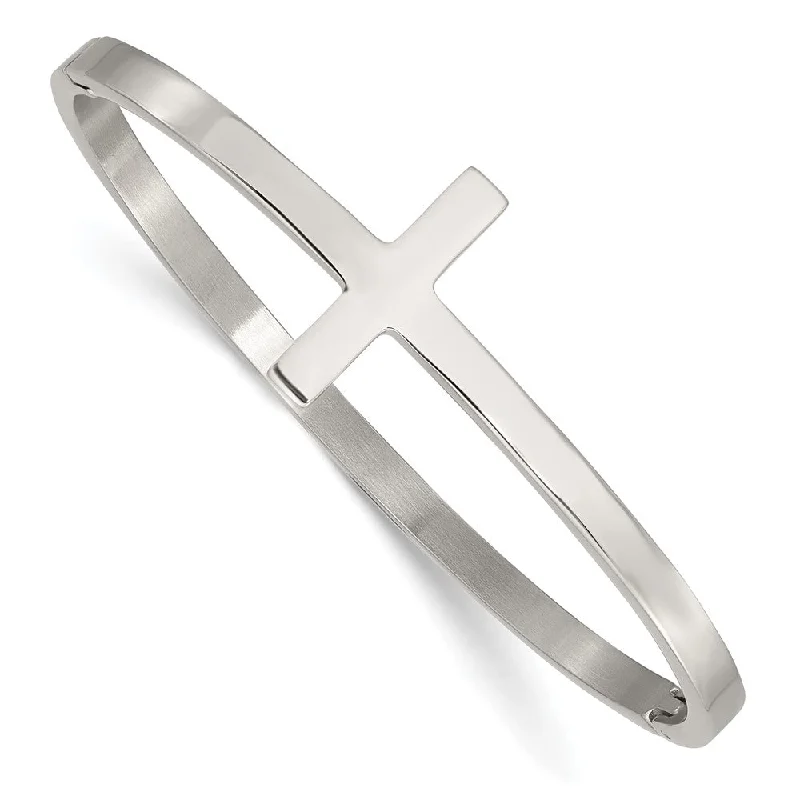 Stainless Steel Polished Cross Hinged Bangle Bracelet, 6.75 Inch