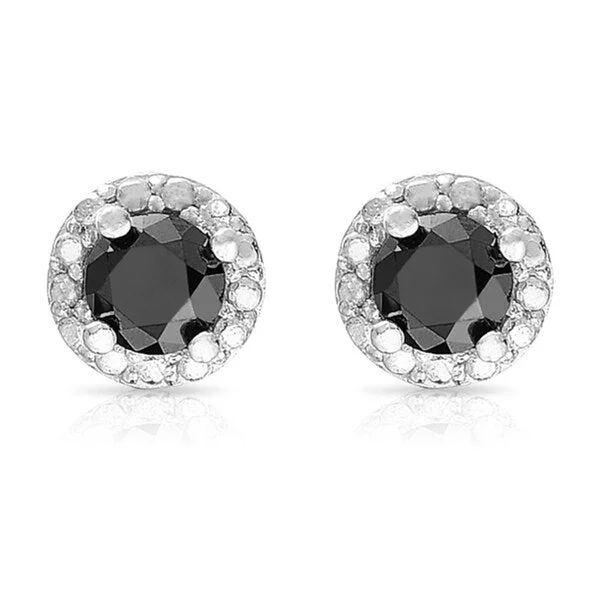 Finesque Sterling Silver 1ct TDW Black Diamond Halo Stud Earrings