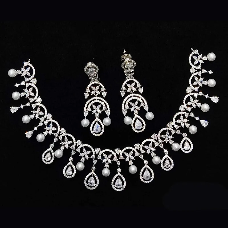 Kavita Art Silver Plated American Diamond And Pearls Necklace Set