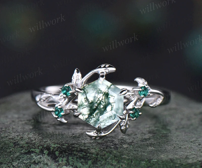 Natural moss agate engagement ring unique hexagon cut moss agate art deco emerald ring leaf twig band promise ring for women anniversary gifts