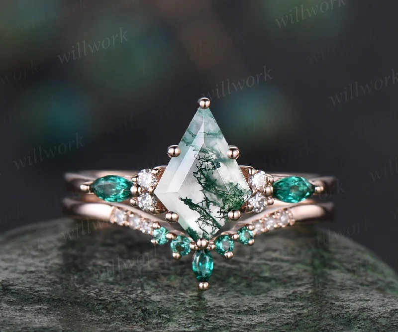 8x11mm kite green moss agate engagement ring 6 prong rose gold diamond ring marquise emerald ring vintage stacking anniversary ring set