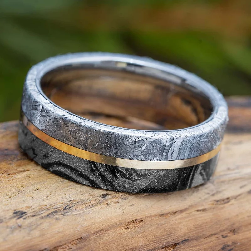 Meteorite & Mokume Gane Wedding Band With Gold Pinstripe