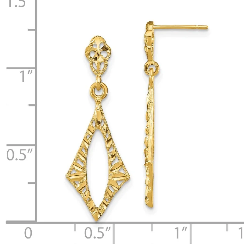 14k Yellow Gold Textured Diamond Shape Dangle Earrings (L-31 mm, W-10.5 mm)