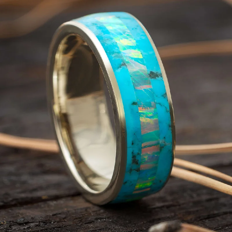 Blue Men's Wedding Band, Turquoise & Opal Ring