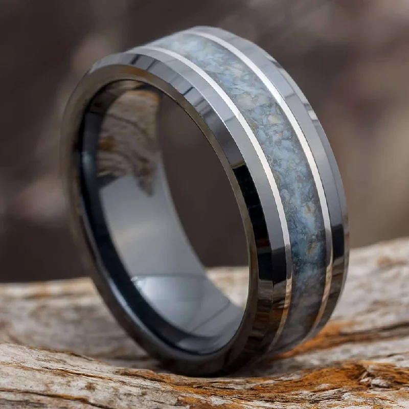 Black Ring With Crushed Dinosaur Bone and Titanium Pinstripes