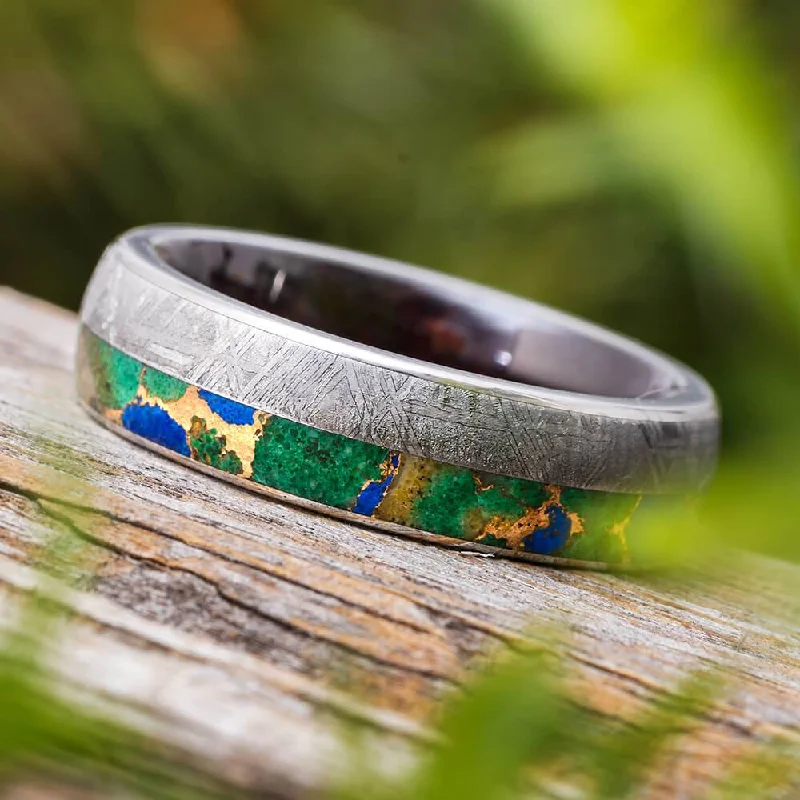 Meteorite Wedding Band with Desert Mosaic Turquoise and Wood Sleeve