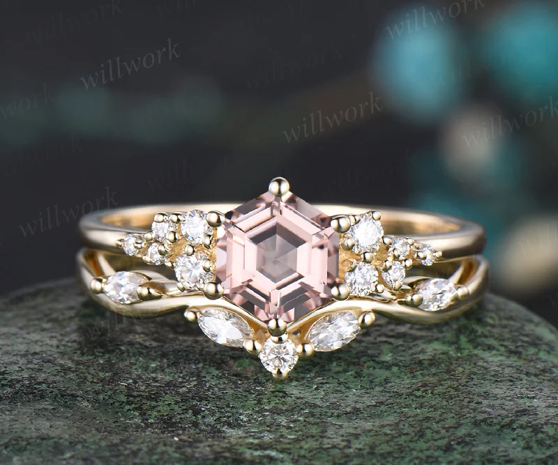 Art Deco Hexagon Cut Natural Pink Morganite Engagement Ring Set Unique Moissanite Cluster Snowdrift Ring 14k Yellow Gold 2pcs Bridal Ring Set Women