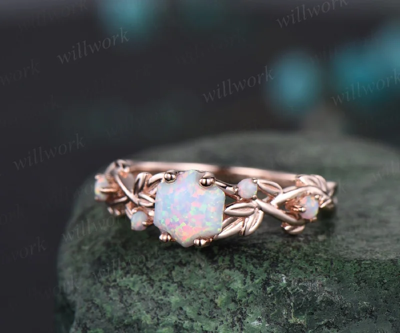 Hexagon white opal ring vintage rose gold leaf nature inspired five stone opal engagement ring art deco twisted branch wedding ring women