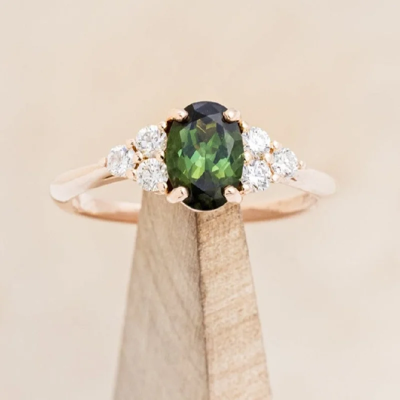 "RHEA" - OVAL CUT GREEN TOURMALINE ENGAGEMENT RING WITH DIAMOND ACCENTS