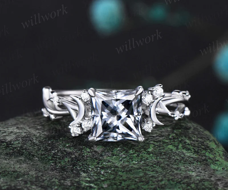 Princess cut gray moissanite ring vintage white gold diamond unique vine branch moon engagement ring infinity promise anniversary ring women gift