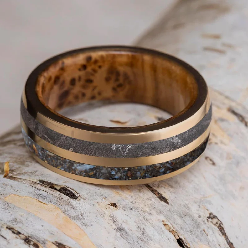 Gold Wedding Band With Meteorite & Dinosaur Bone