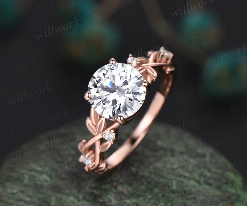 2ct Twig round cut Moissanite engagement ring set 14k rose gold five stone leaf branch Nature inspired diamond wedding ring set for women