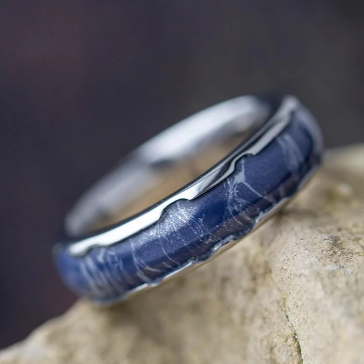 Blue Mokume Gane Ring, Titanium Wedding Band With Wavy Edges