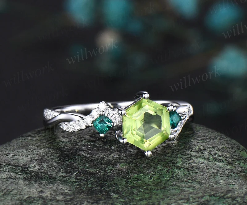 Hexagon cut natural peridot engagement ring solid 14k white gold twisted diamond princess emerald wedding anniversary ring gift