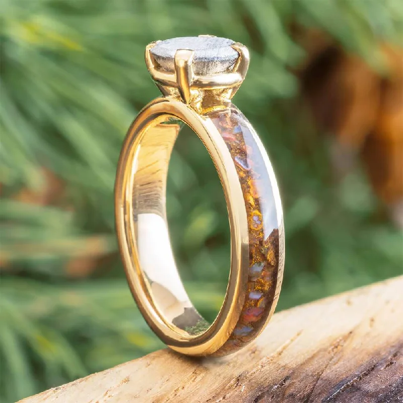 Gold Engagement Ring with Meteorite Stone and Dino Bone