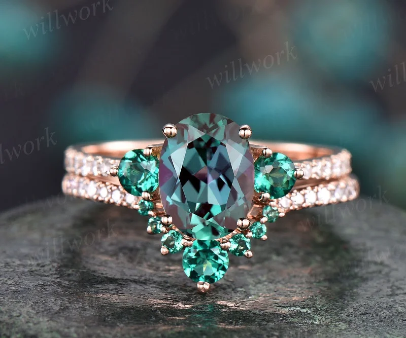 Oval alexandrite bridal set vintage alexandrite engagement ring set emerald ring set dainty diamond ring set birthday stone ring jewelry