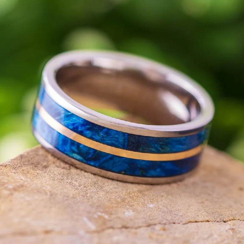 Blue Box Elder Burl Wood Wedding Band in Titanium with Copper Pinstripe