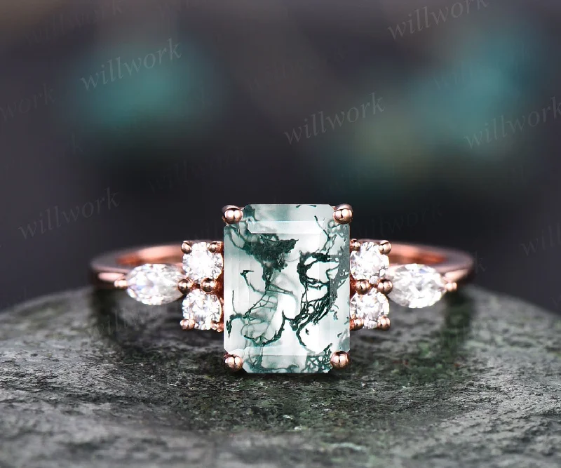 Emerald cut moss agate engagement ring 14k rose gold art deco unique vintage green moss agate ring silver 7 stone moissanite ring for women