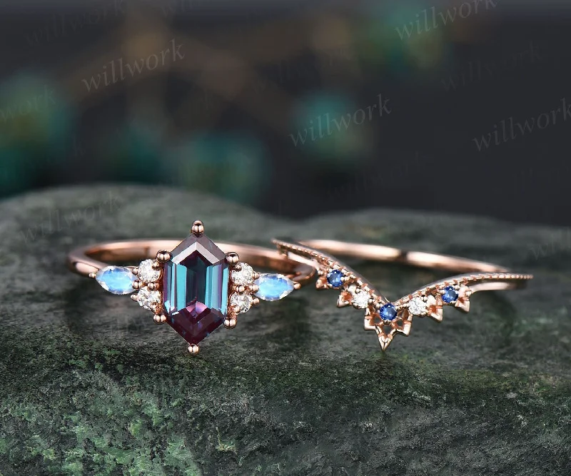 Vintage hexagon cut Alexandrite engagement ring set art deco rose gold moonstone ring women sapphire diamond promise anniversary ring set