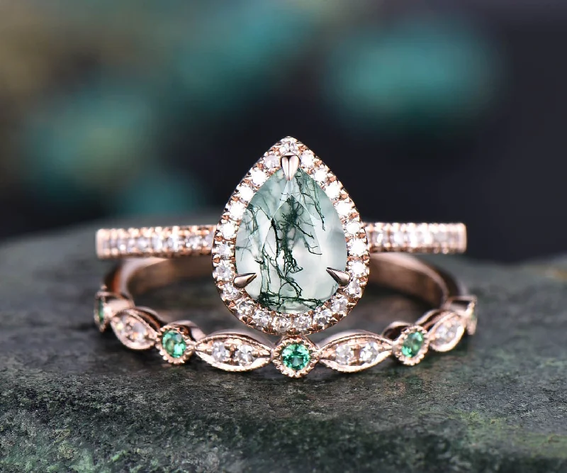 Moss agate ring set pear shaped moss agate engagement ring set rose gold halo diamond natural emerald ring women unique wedding ring set