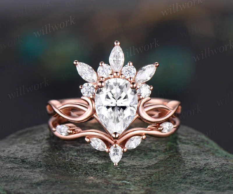 Vintage pear shaped moissanite engagement ring set art deco crown cluster rose gold ring women infinity diamond promise ring set her gift