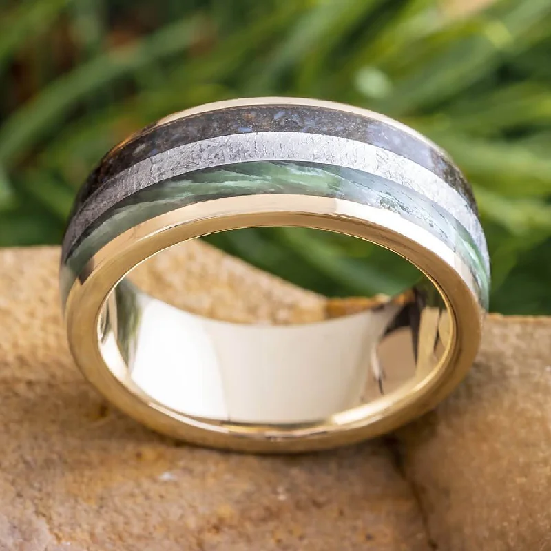 Meteorite, Dinosaur Bone & Green Jade Wedding Band