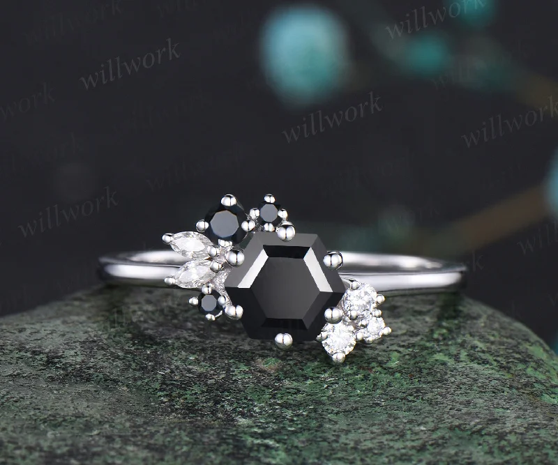 Art Deco Hexagon Cut Natural Black Onyx Engagement Ring Unique 14k White Gold Moissanite Cluster Wedding Ring