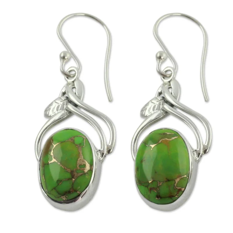 Handmade Sterling Silver 'Green Dew' Turquoise Earrings (India)