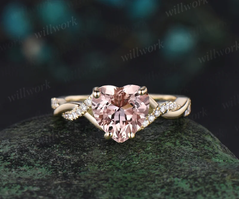 Vintage heart shaped morganite engagement ring solid 14k yellow gold twisted infinity diamond wedding anniversary ring women jewelry