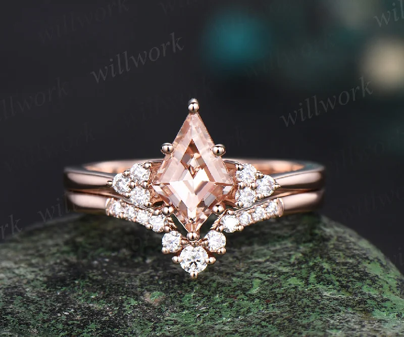 Kite cut morganite engagement ring set solid 14k rose gold Minimalist dainty diamond stacking wedding promise ring women her